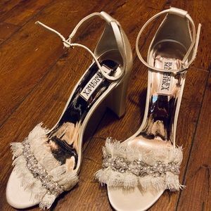 Badgley Mischka off white bejeweled satin heels